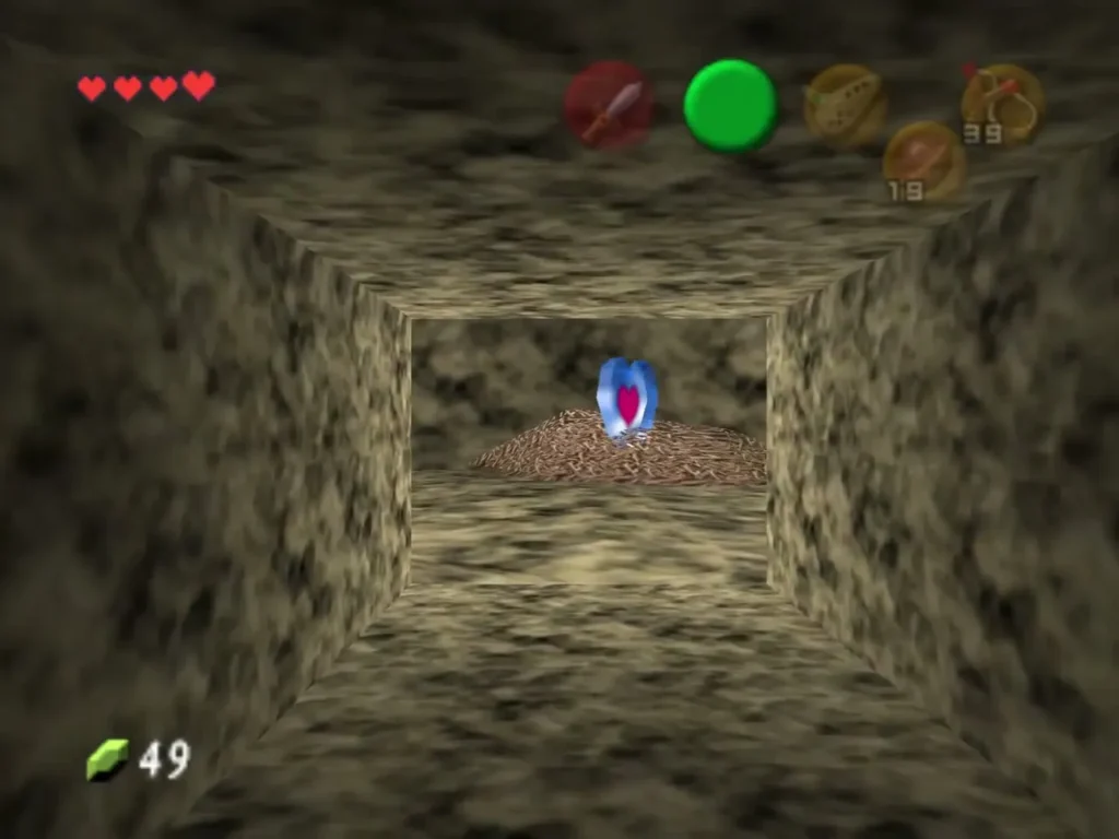 The narrow tunnel behind the crates leading to a Piece of Heart on a pile of hay