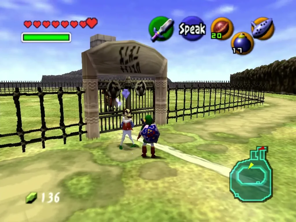 Ingo at the Lon Lon Ranch gate with Link on foot and a Speak prompt showing