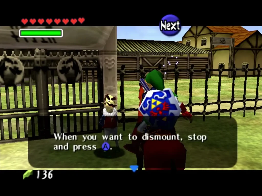 Ingo at the ranch gate telling Link to stop and press A to dismount