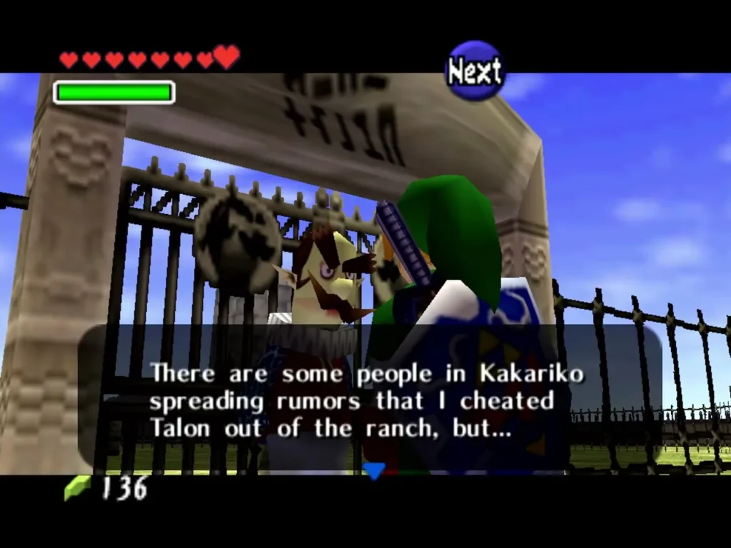Ingo at the ranch gate speaking in a full dialogue box about Talon rumors
