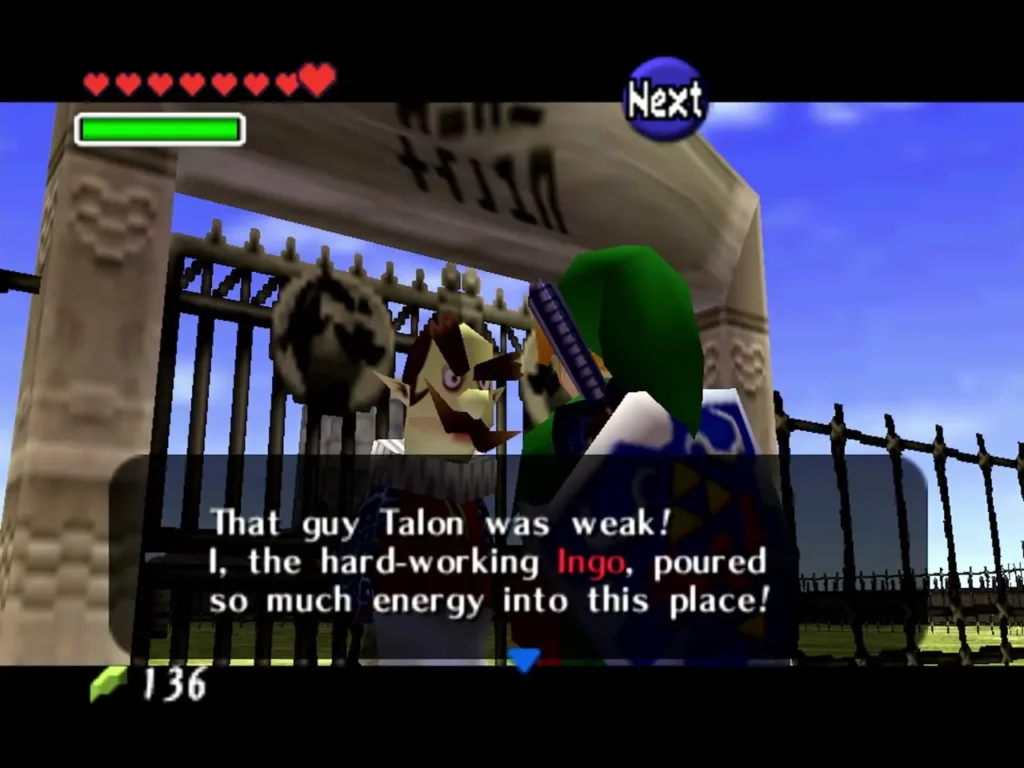 Ingo at the ranch gate in a full dialogue box boasting about his hard work