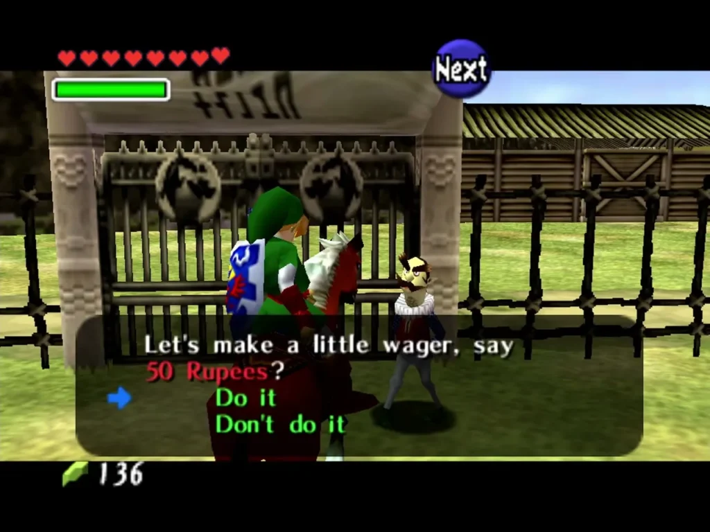 Ingo asking Link to bet 50 Rupees on a race, with Do it and Don't do it options