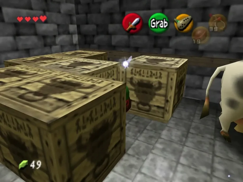 Child Link beside a cow with crates stacked against the tower wall