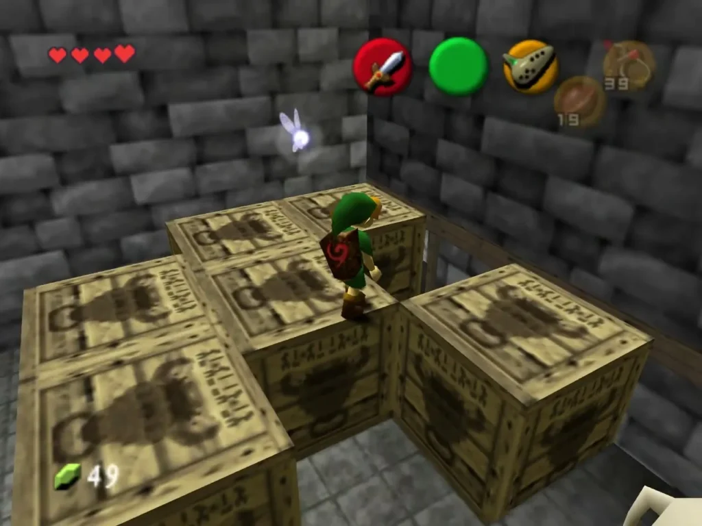 Child Link climbing onto the stacked crates in the storage tower