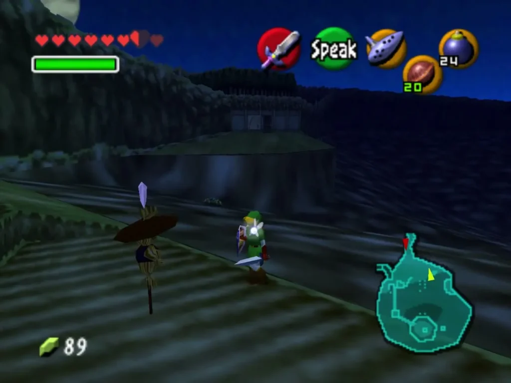 Link walking up to Bonooru the scarecrow by Lake Hylia at night with a Speak prompt showing