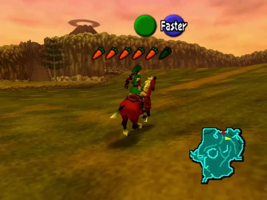 Link riding Epona across Hyrule Field at sunset with the Faster prompt showing