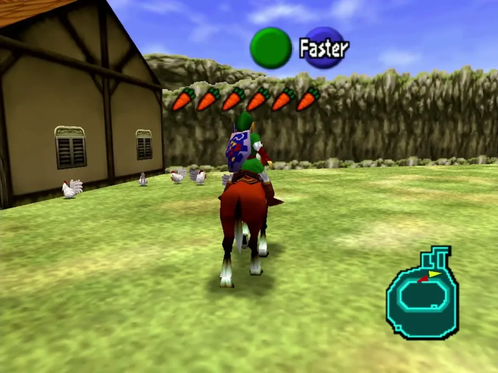 Link riding Epona through the ranch yard past the chickens