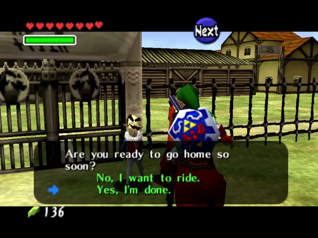 Link on Epona beside Ingo at the ranch gate, choosing whether to ride more
