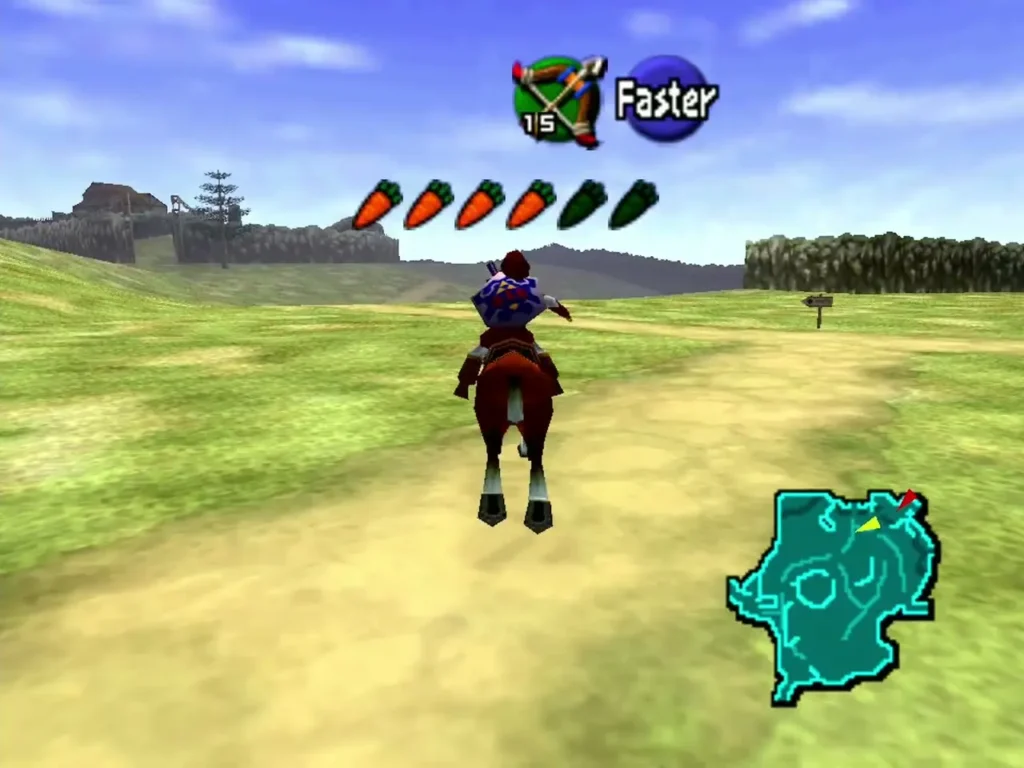 Link riding Epona along a dirt road with the bow equipped and the Faster prompt