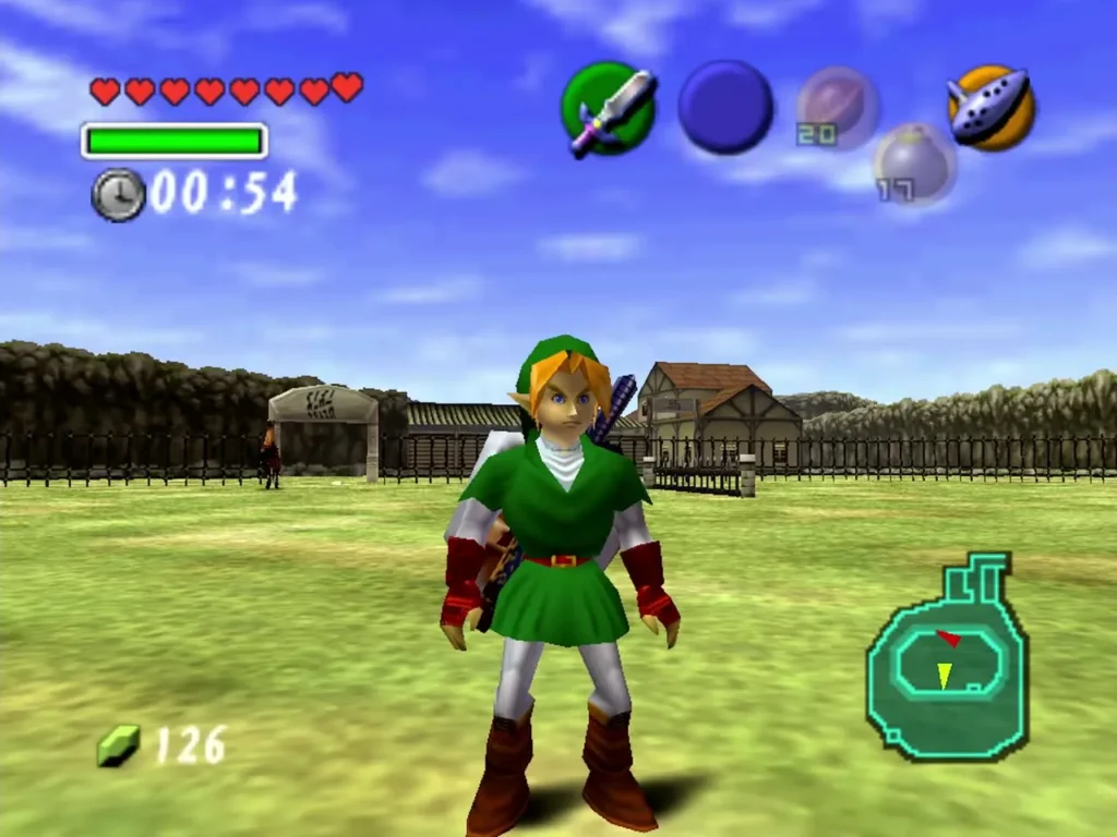 Link on foot in the Lon Lon Ranch paddock with the riding timer showing