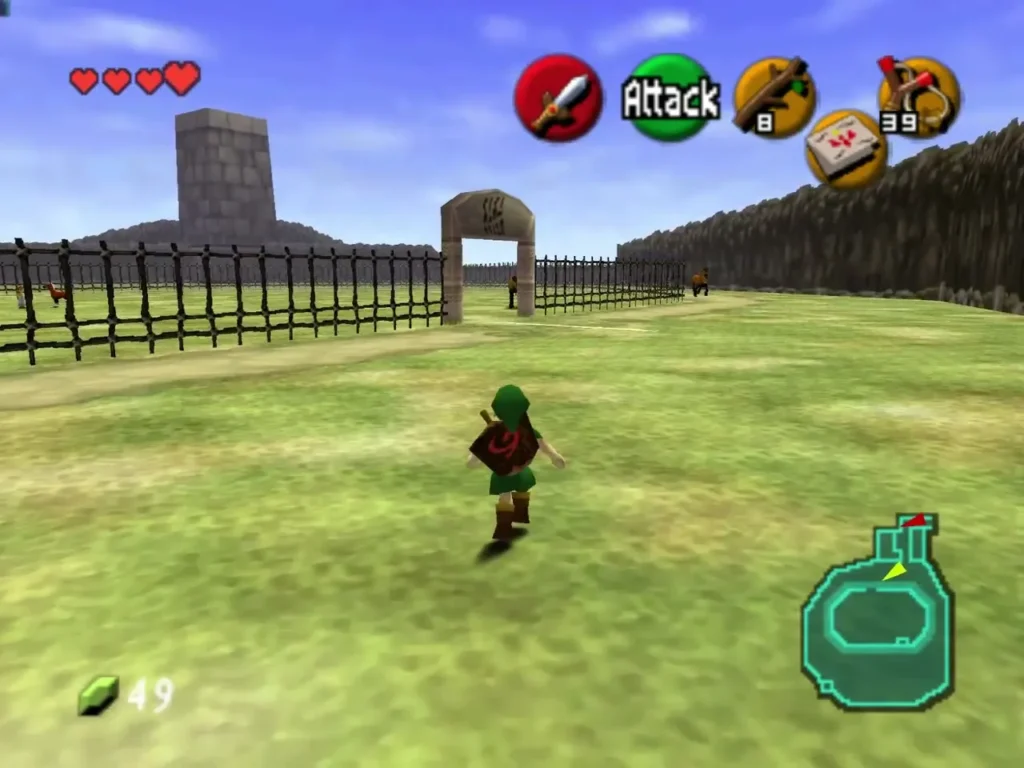 Child Link running across the ranch yard toward the entrance arch