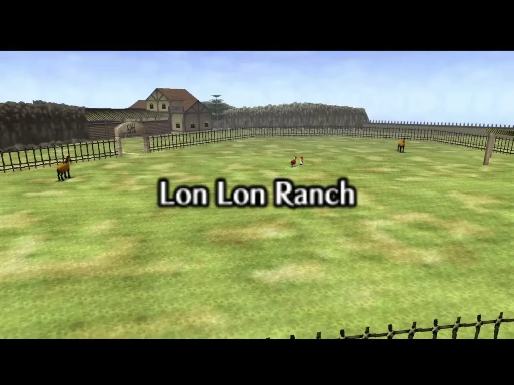 The Lon Lon Ranch title card over the grassy ranch yard