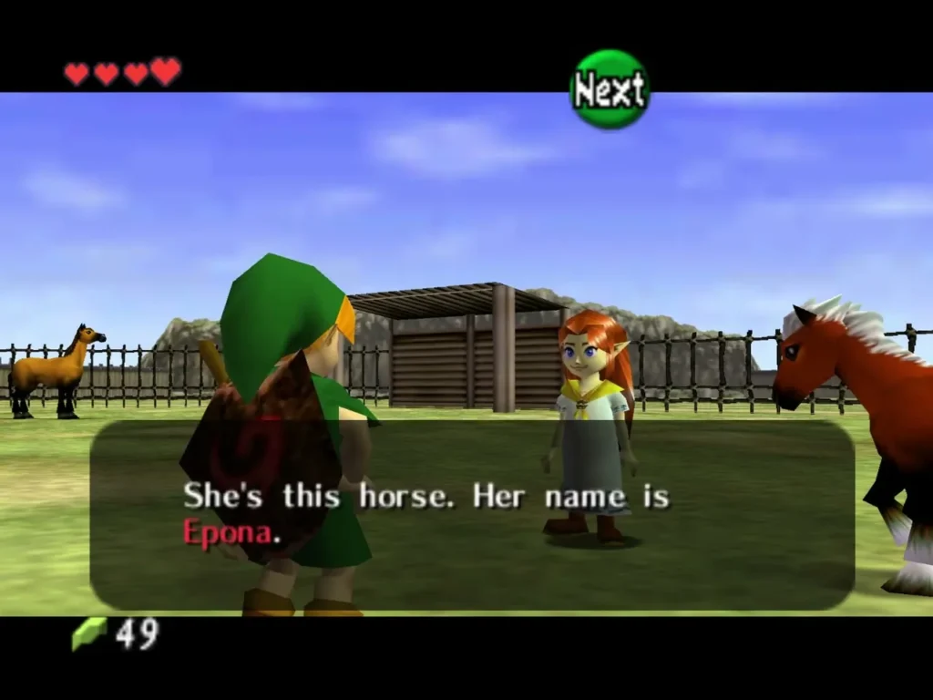 Malon introducing her friend, a horse named Epona, in the paddock