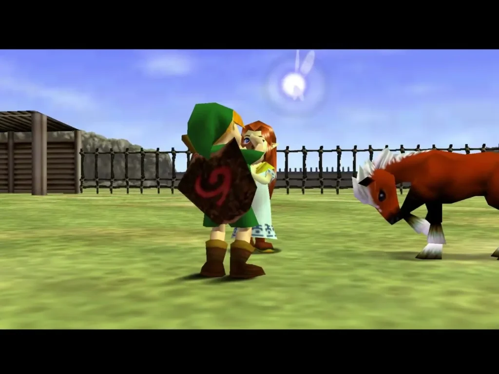 Child Link, Malon and the young Epona standing together in the ranch paddock