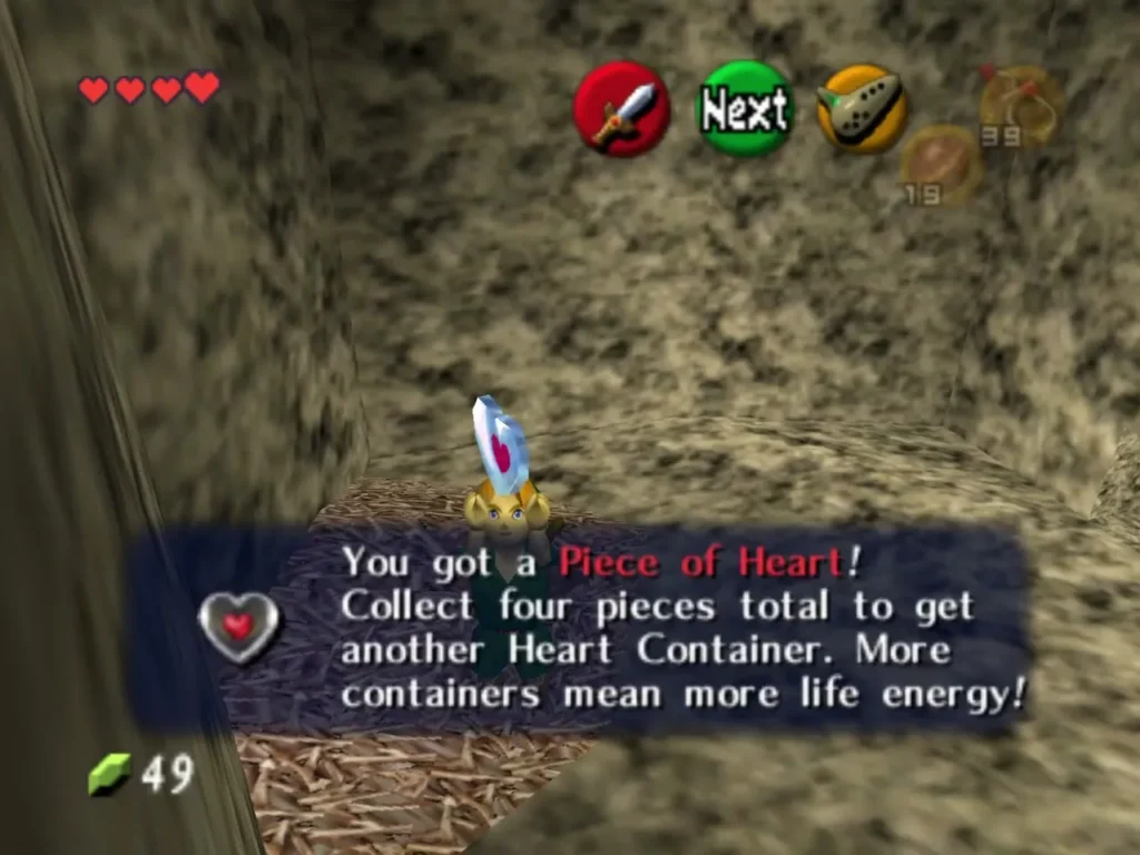 The item box reading that Link got a Piece of Heart in the secret room