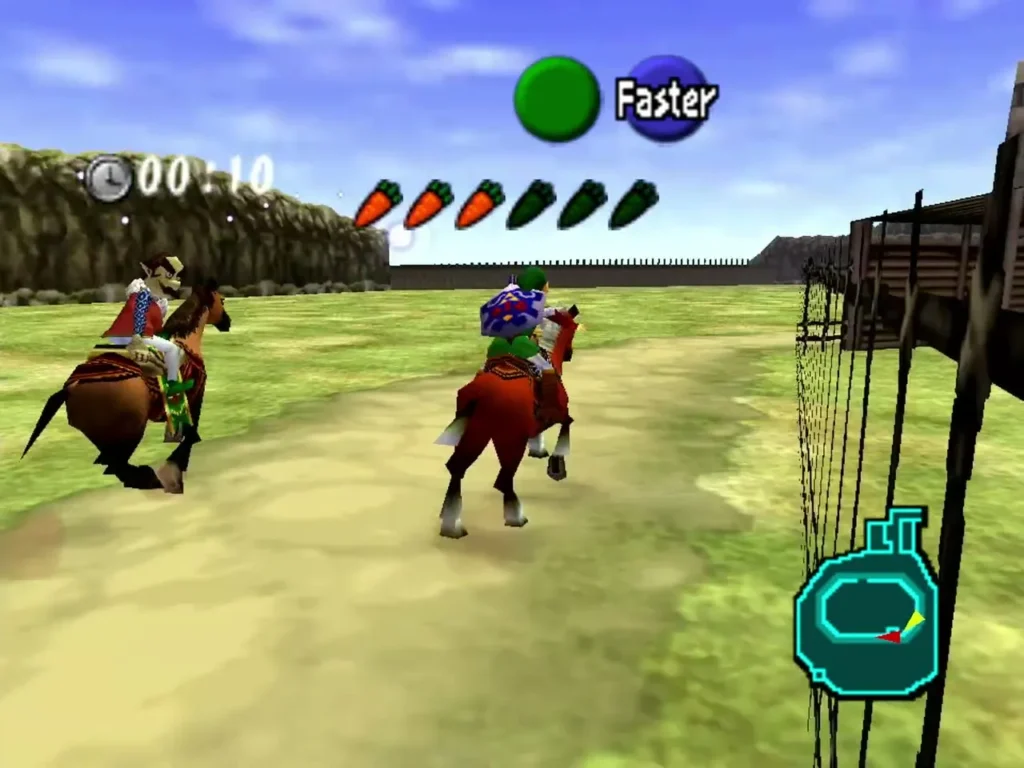 Link on Epona racing Ingo around the corral with the race timer at 0:10