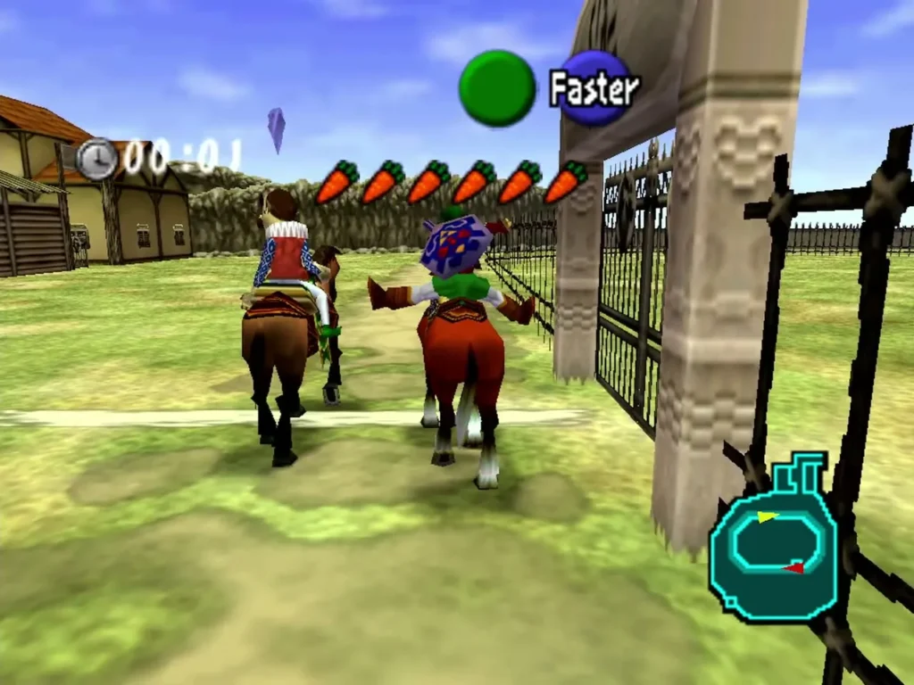 Link on Epona lining up beside Ingo at the corral gate for the second race