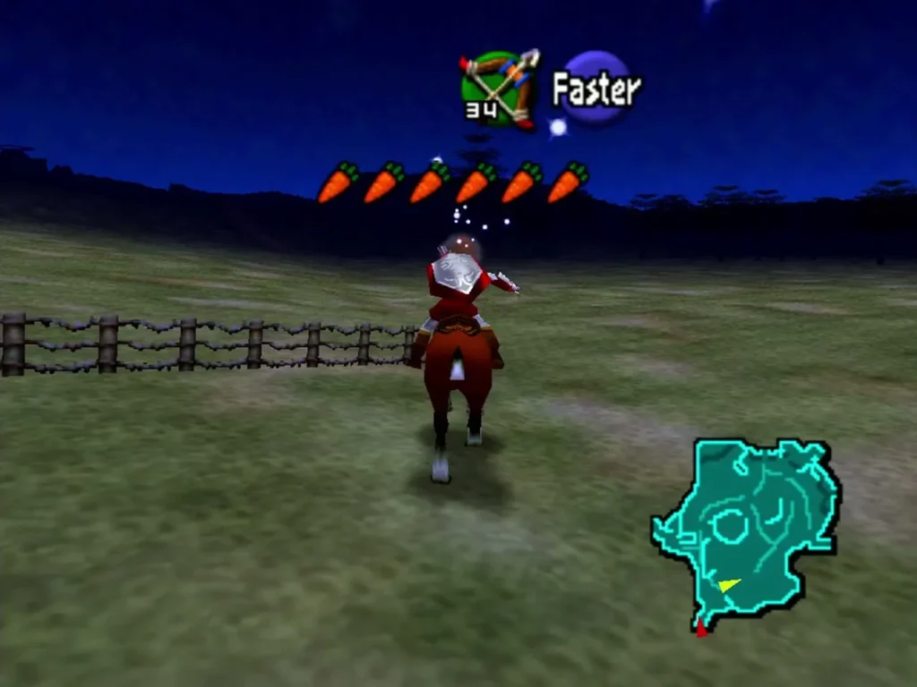Link riding Epona across an open Hyrule Field at night with the Faster prompt