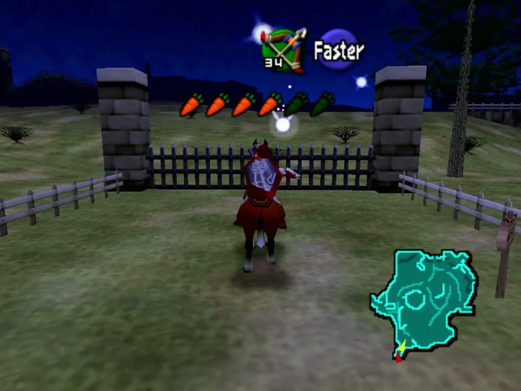 Link riding Epona at night toward a stone-pillared fence gate in Hyrule Field with the carrot bar showing
