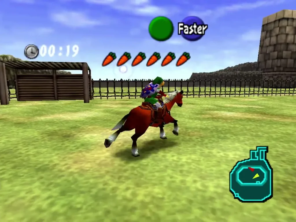 Link on horseback in the ranch paddock with the Faster prompt and carrot row