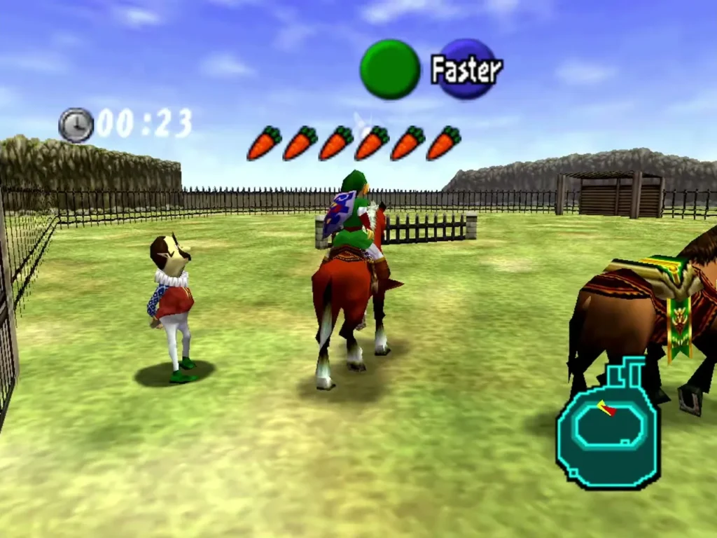 Link riding Epona in the paddock beside a girl and another horse