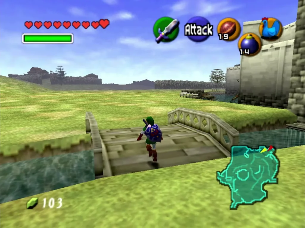 Link crossing the stone bridge into Hyrule Field with castle walls behind Link crossing the stone bridge into Hyrule Field with castle walls behind