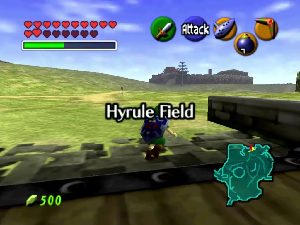 Link stepping off the bridge onto Hyrule Field with its name card and castle in view Link stepping off the bridge onto Hyrule Field with its name card and castle in view