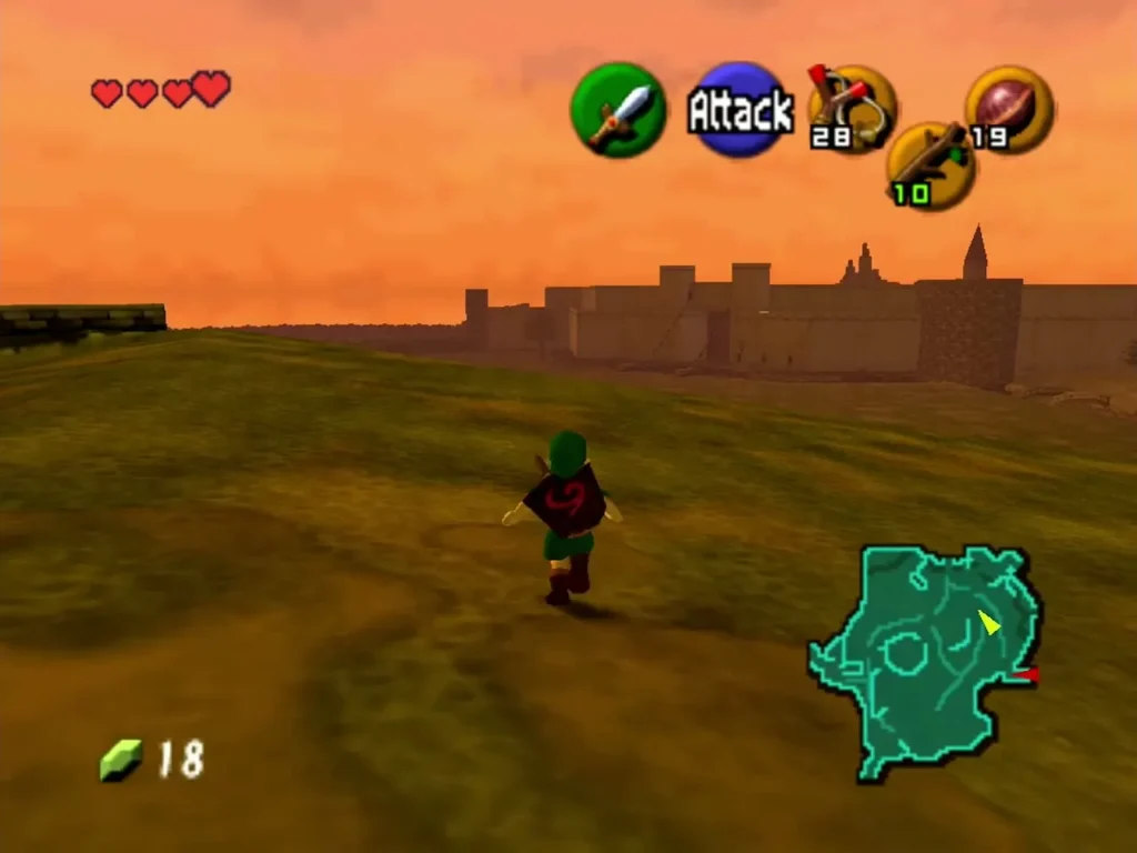 Link on the grassy Field at sunset with Hyrule Castle walls in the distance Link on the grassy Field at sunset with Hyrule Castle walls in the distance