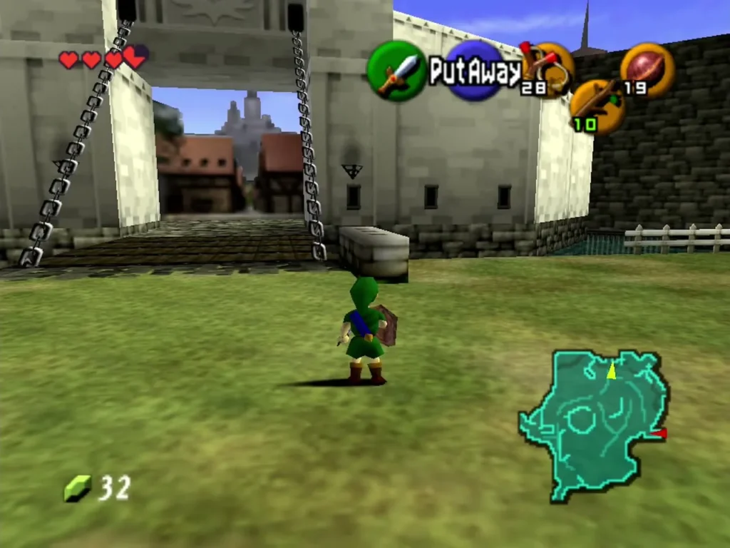 Link walking toward the Castle Town gate with its chains and towers Link walking toward the Castle Town gate with its chains and towers