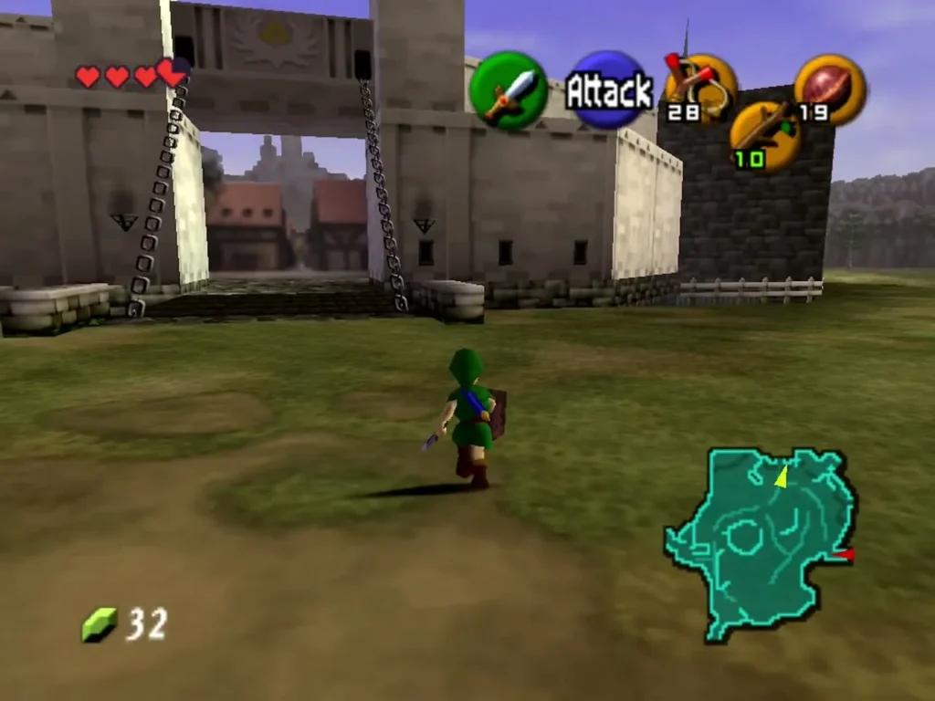 Link approaching the chained drawbridge and stone gate of Castle Town Link approaching the chained drawbridge and stone gate of Castle Town