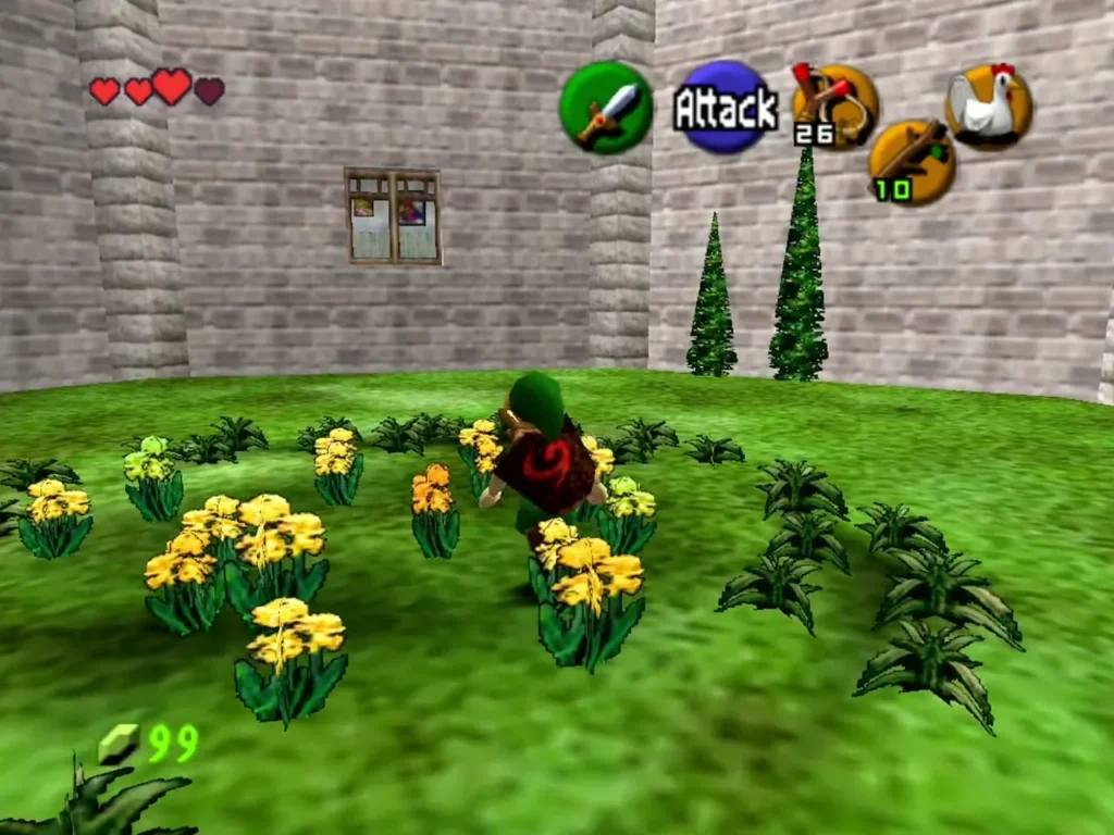 Link standing among yellow flowers in the castle courtyard garden Link standing among yellow flowers in the castle courtyard garden
