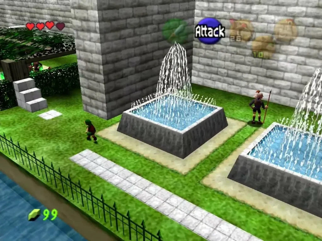 Courtyard lawn with a fountain and a spear guard patrolling near the hedges Courtyard lawn with a fountain and a spear guard patrolling near the hedges