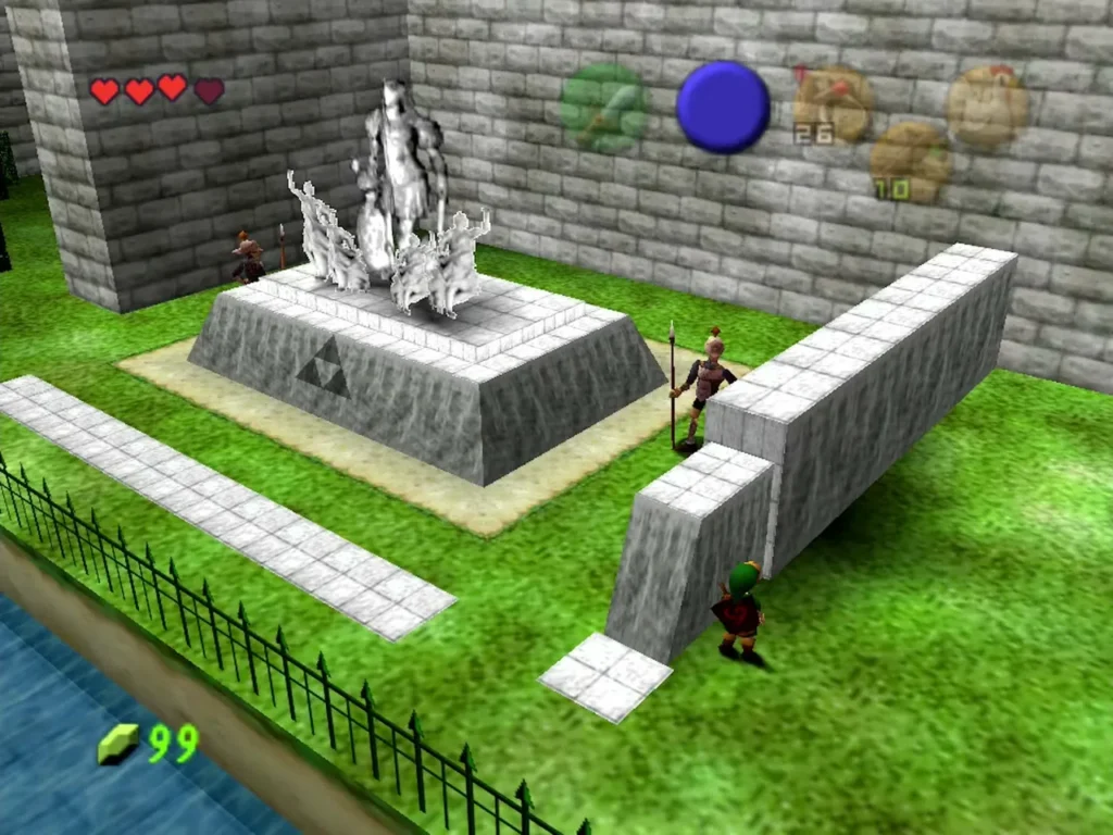 Link by a wall corner while a spear guard patrols near the statue Link by a wall corner while a spear guard patrols near the statue