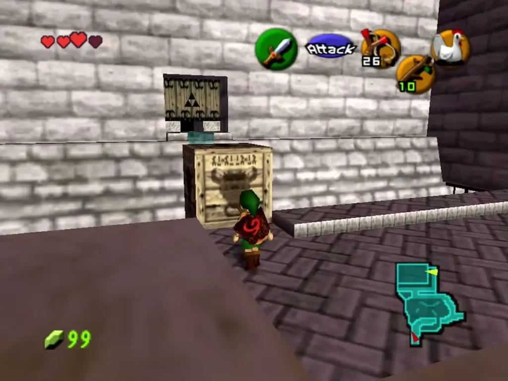 Link beside a crate in front of the Triforce sign above the channel Link beside a crate in front of the Triforce sign above the channel