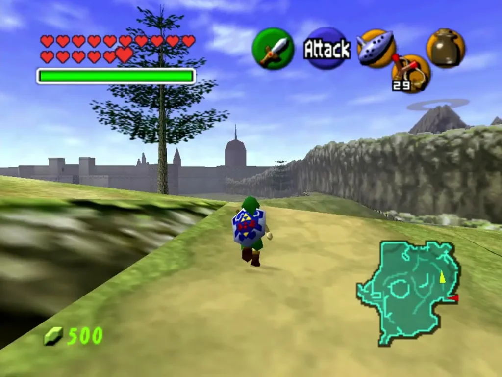 Link walking a dirt road in the Field with Hyrule Castle in the distance Link walking a dirt road in the Field with Hyrule Castle in the distance