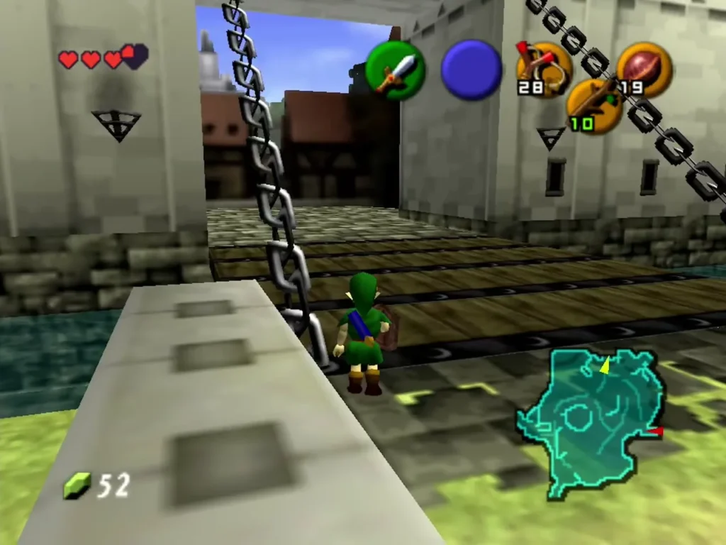 Link on the drawbridge beside the chain, with the castle town gate ahead Link on the drawbridge beside the chain, with the castle town gate ahead