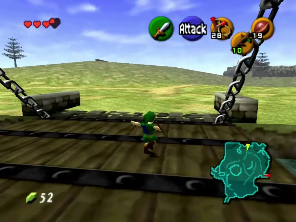 Link crossing the chained wooden drawbridge with 52 Rupees in the counter Link crossing the chained wooden drawbridge with 52 Rupees in the counter