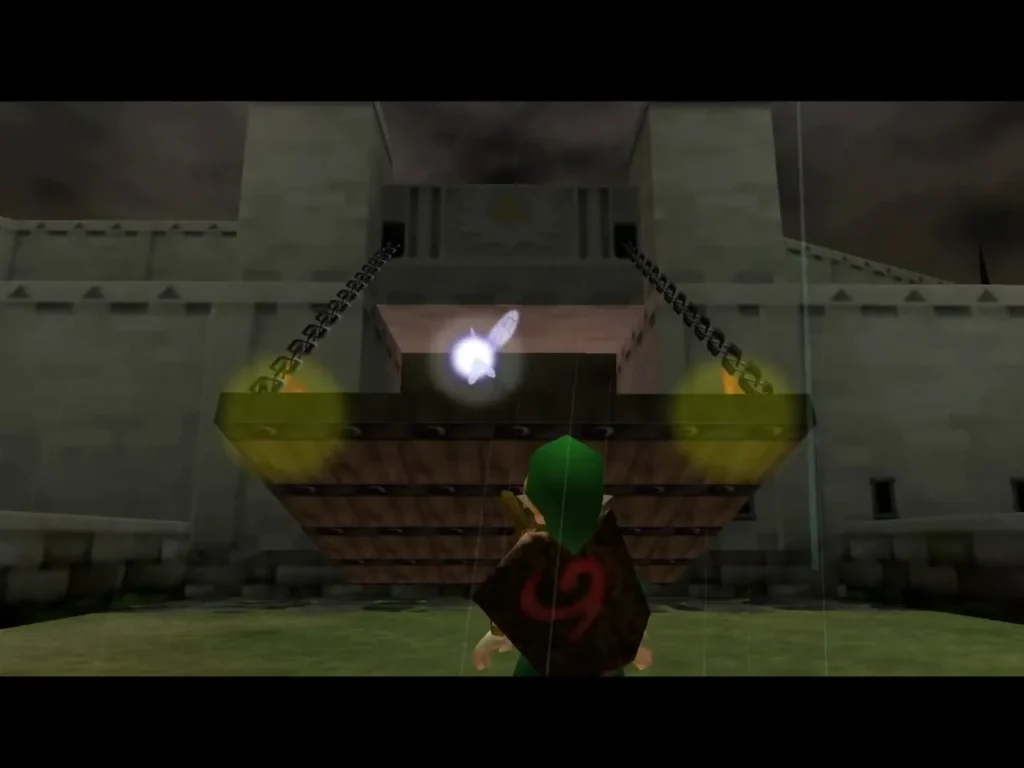 Young Link standing before the chained drawbridge of Hyrule Castle Town at night Young Link standing before the chained drawbridge of Hyrule Castle Town at night