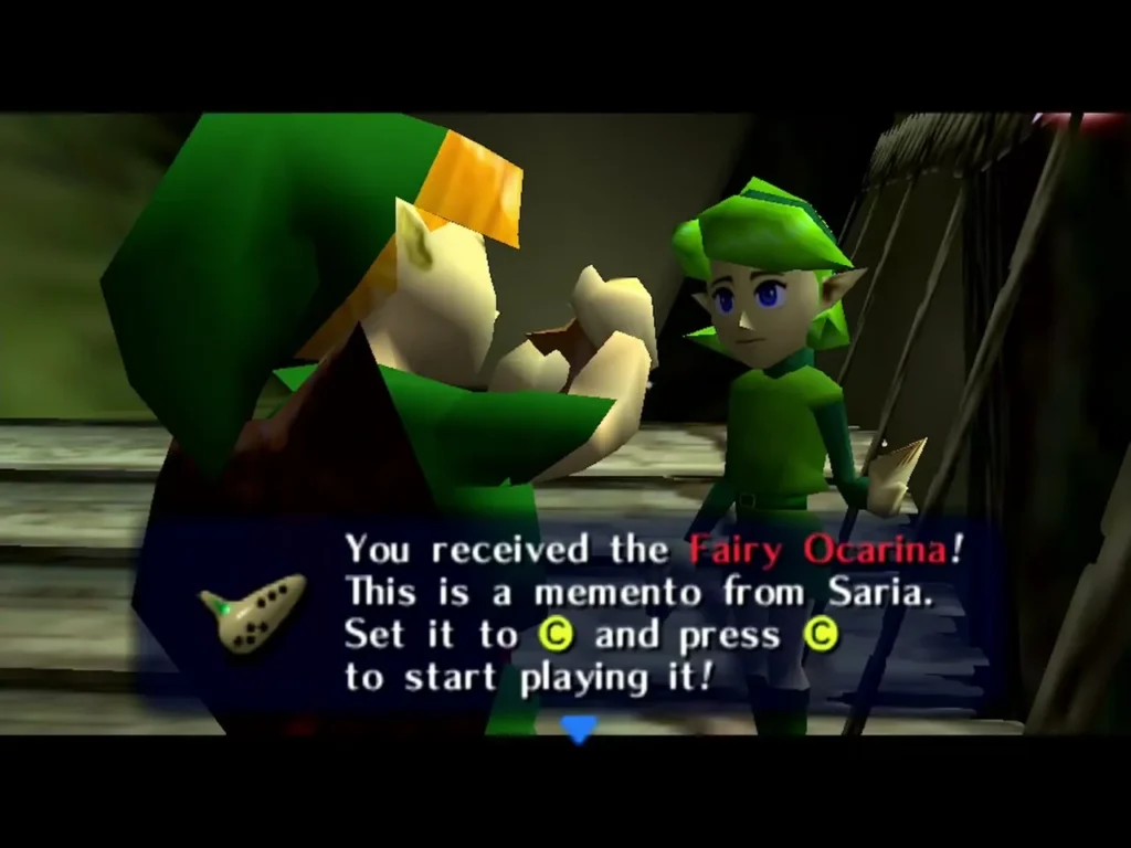 Saria handing Link the Fairy Ocarina with the received-item message box shown Saria handing Link the Fairy Ocarina with the received-item message box shown