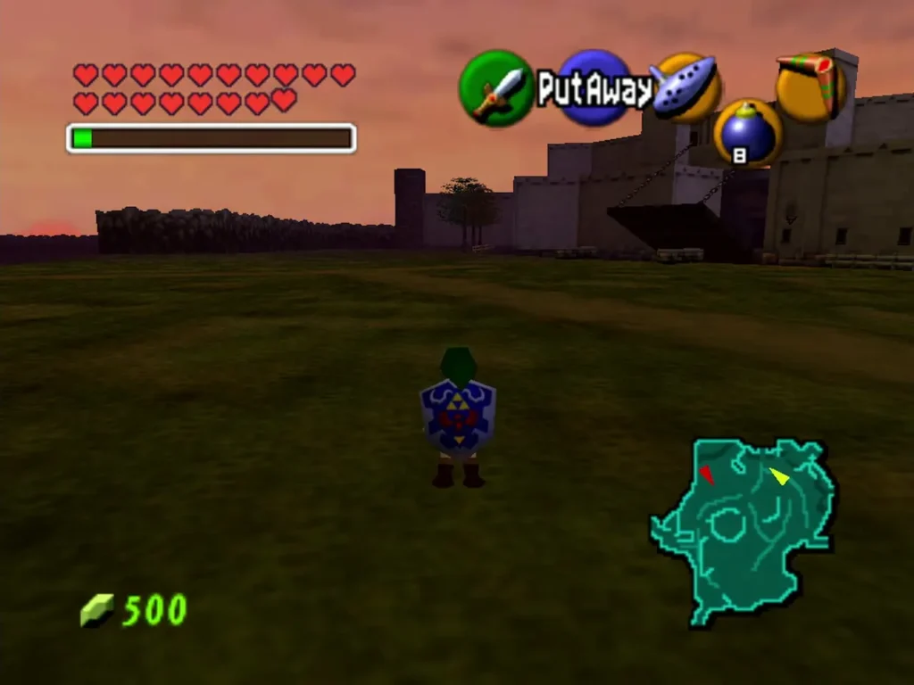Link on Hyrule Field at sunset with the castle walls ahead Link on Hyrule Field at sunset with the castle walls ahead