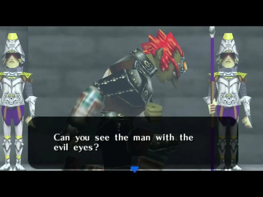 Ganondorf kneeling between two armored guards during the dream sequence Ganondorf kneeling between two armored guards during the dream sequence