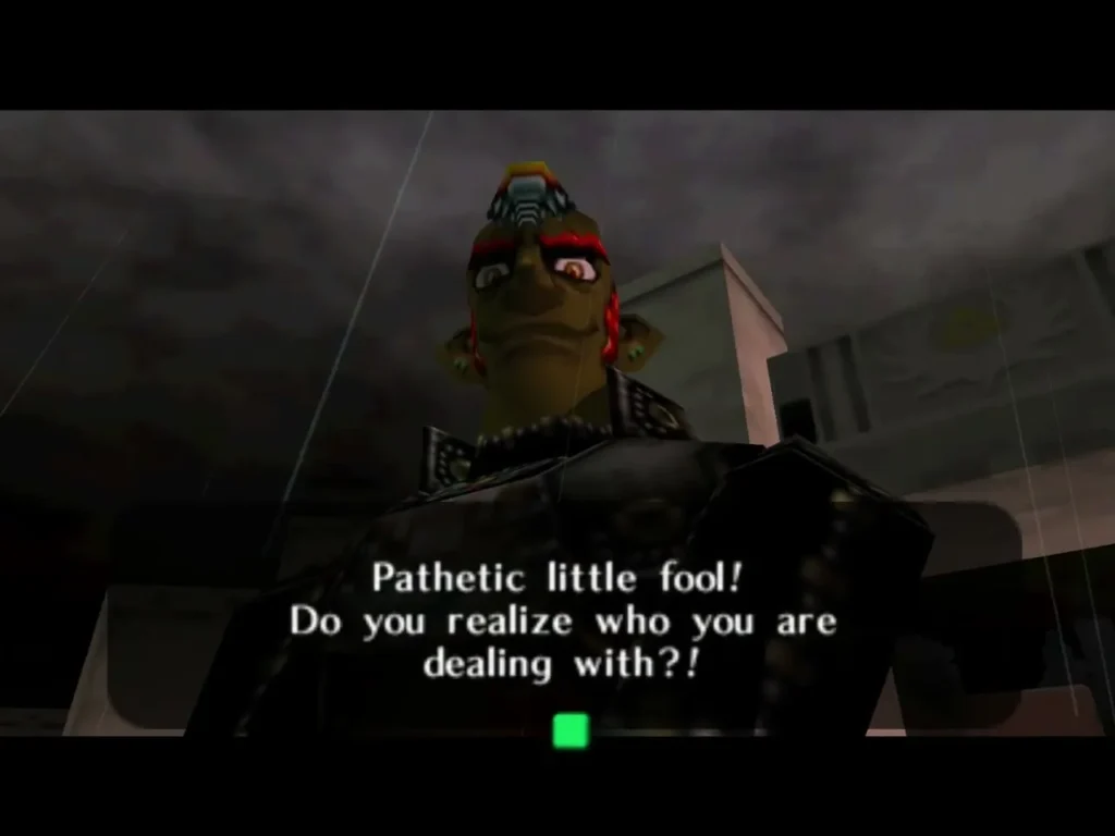 Ganondorf looming over Link and asking if he realizes who he is dealing with Ganondorf looming over Link and asking if he realizes who he is dealing with