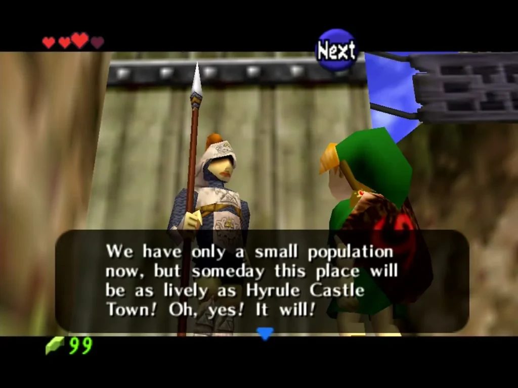 Gate guard talking to Link about Hyrule Castle Town in a finished dialogue box Gate guard talking to Link about Hyrule Castle Town in a finished dialogue box