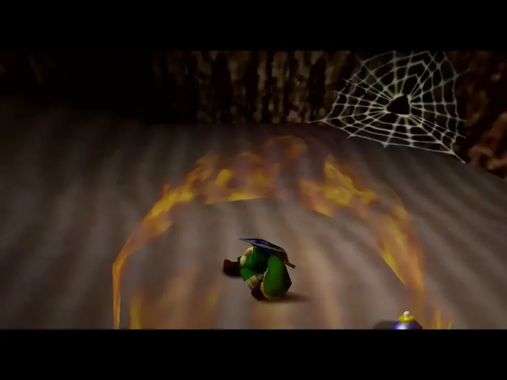 Link standing inside a ring of Din's Fire burning the cobweb in the grotto Link standing inside a ring of Din's Fire burning the cobweb in the grotto