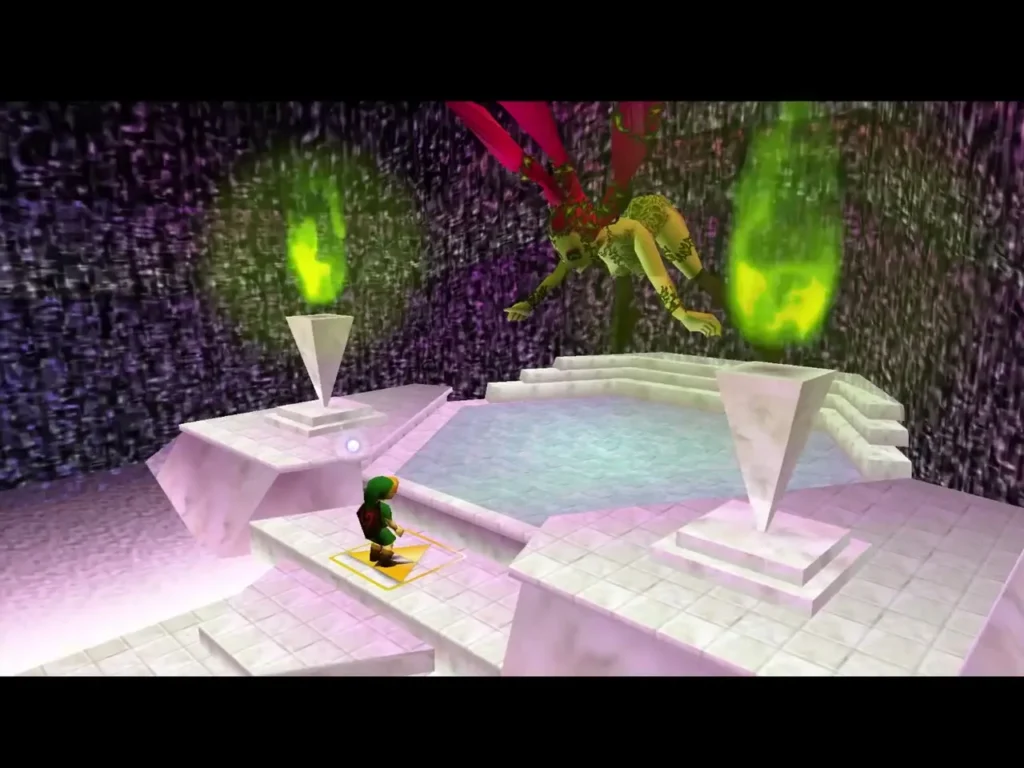 The Great Fairy floating above the fountain pool with Link standing on the Triforce tile The Great Fairy floating above the fountain pool with Link standing on the Triforce tile
