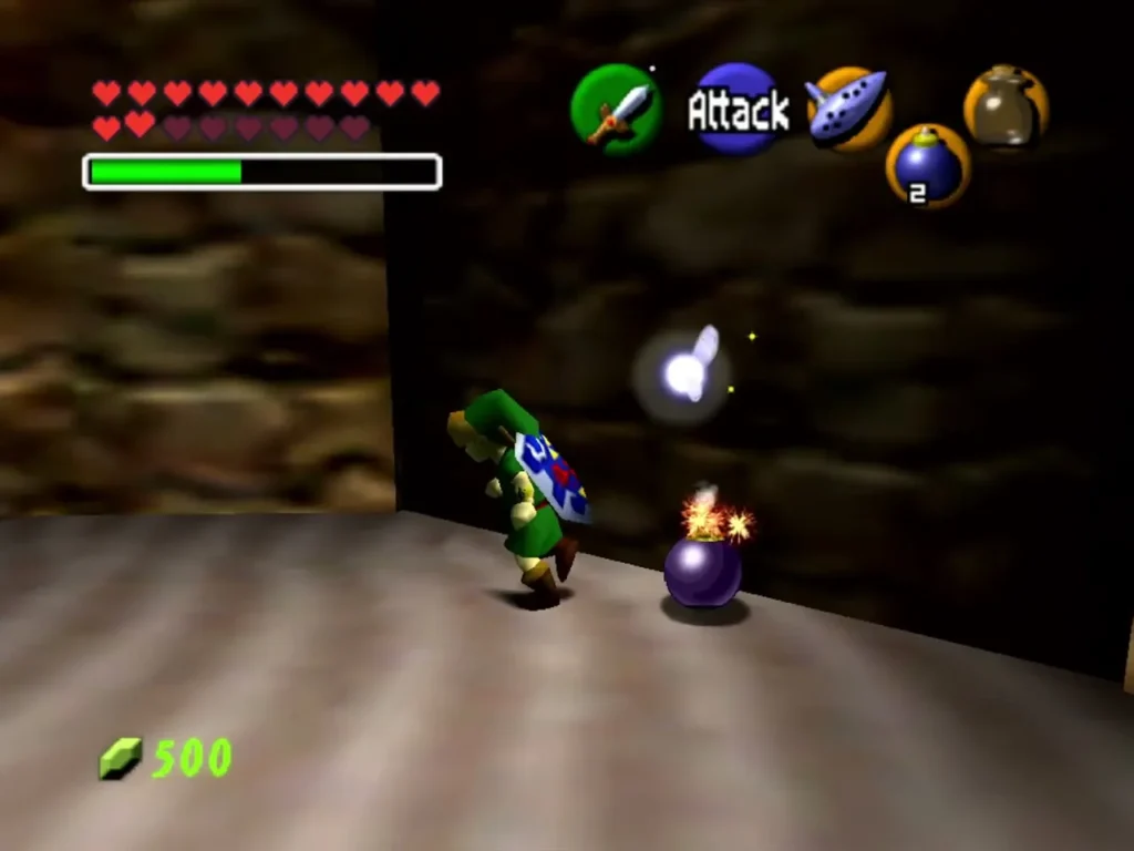 Link with a lit bomb on the floor of the grotto room Link with a lit bomb on the floor of the grotto room