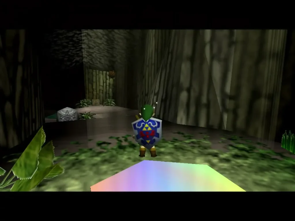 Link standing on a rainbow pad in a dark stone grotto Link standing on a rainbow pad in a dark stone grotto