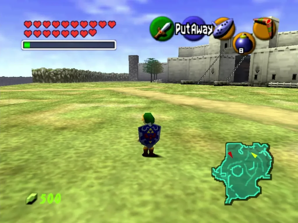 Link walking across Hyrule Field in daylight toward the castle walls Link walking across Hyrule Field in daylight toward the castle walls