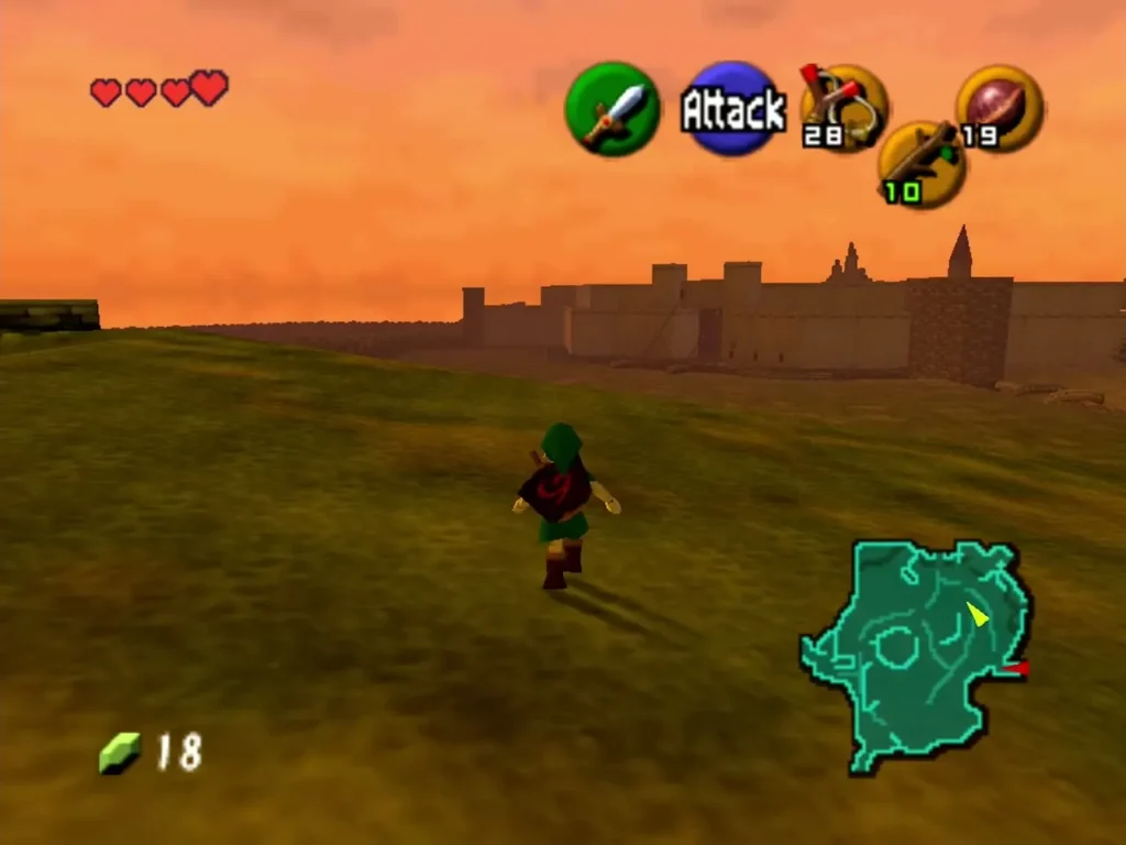 Link walking across Hyrule Field at dusk with Hyrule Castle walls ahead Link walking across Hyrule Field at dusk with Hyrule Castle walls ahead