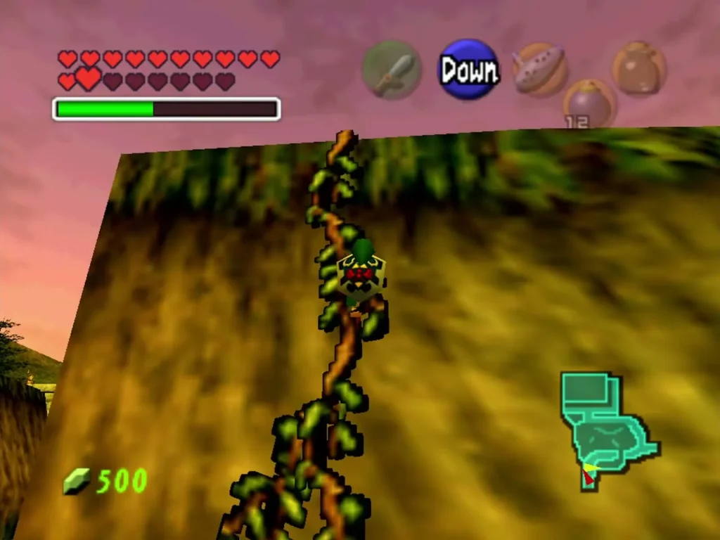 Link climbing an ivy vine up a grassy castle grounds wall Link climbing an ivy vine up a grassy castle grounds wall